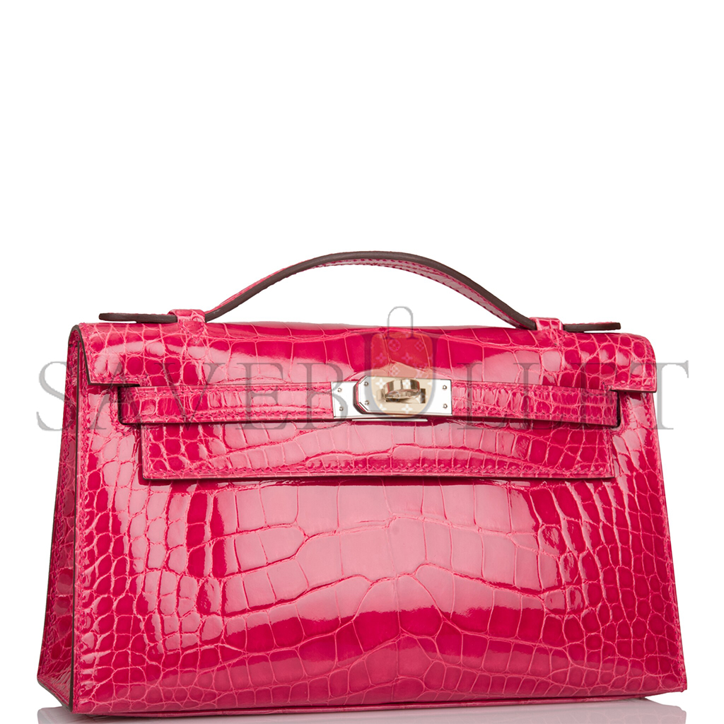 HERMÈS MASTER ROSE EXTREME MINI KELLY POCHETTE OF SHINY MISSISSIPPIENSIS ALLIGATOR PALLADIUM HARDWARE (22*14*7cm) 